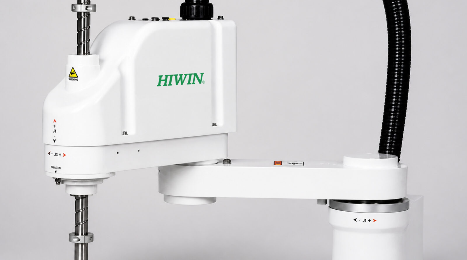A white industrial robotic arm with HIWIN written in green on its side, featuring mechanical joints and wiring, set against a plain light background.