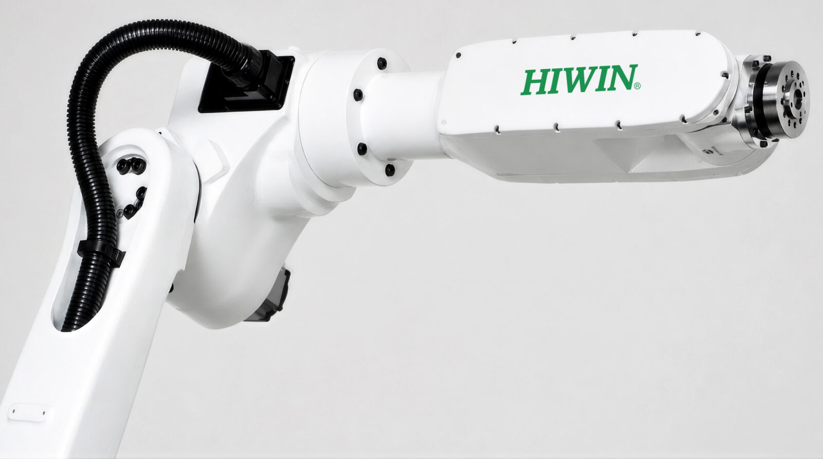 A white industrial robotic arm with the brand name HIWIN in green text on its side, shown against a plain light background. The arm features black cables and a multi-jointed design.