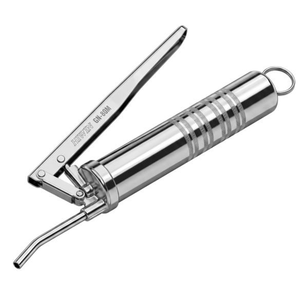 A silver metal grease gun with a lever handle and a nozzle, lying on a white background.