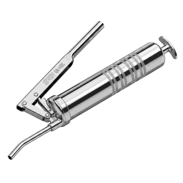A stainless steel grease gun with a lever handle and a nozzle, shown on a white background.