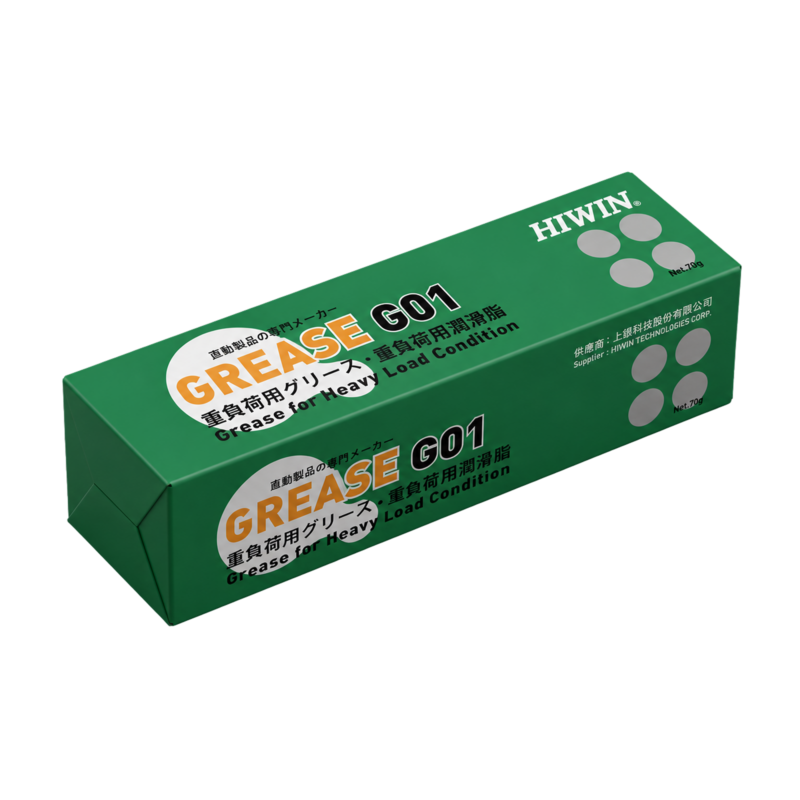 Green rectangular box labeled HIWIN and GREASE G01 with Japanese and English text, indicating it is grease for heavy load conditions. The box has circular silver icons on the sides.