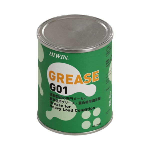 A green can labeled HIWIN GREASE G01 for heavy load condition, with white paw print designs and text in English and Japanese. Net weight is 1000g.