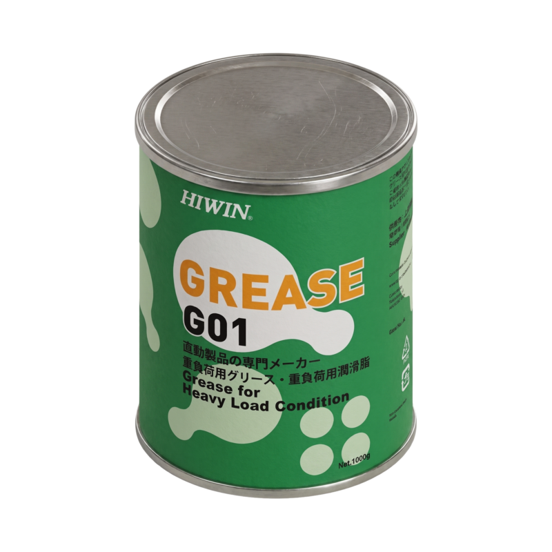 A green can labeled HIWIN GREASE G01 for heavy load condition, with white paw print designs and text in English and Japanese. Net weight is 1000g.