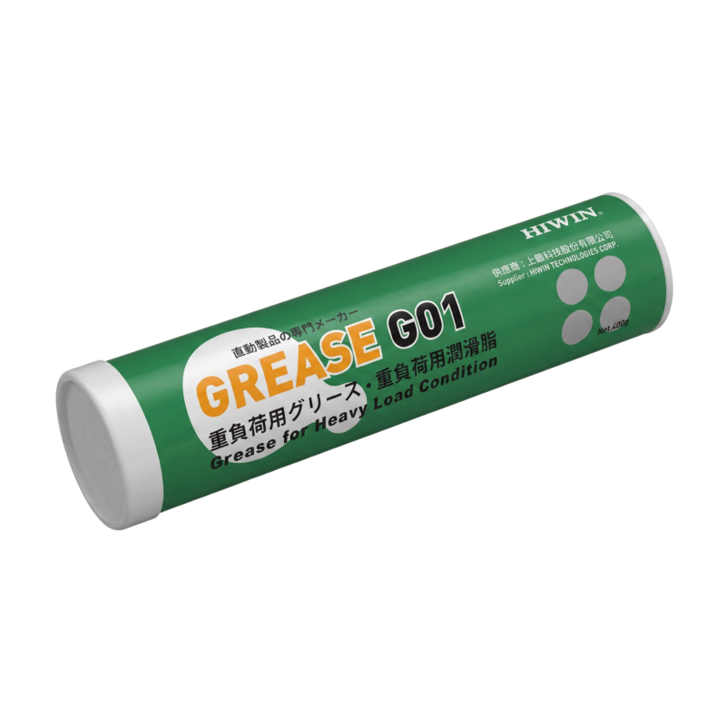 A green tube labeled GREASE G01 with Japanese text, HIWIN brand, and Grease for Heavy Load Condition written on it, intended for industrial use. The tube has white caps on both ends.