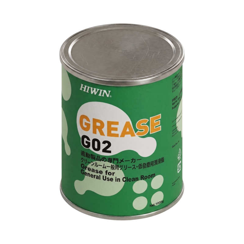 A green metal can labeled HIWIN Grease G02 for general use in clean rooms, with white paw-like shapes and text in English and Japanese.