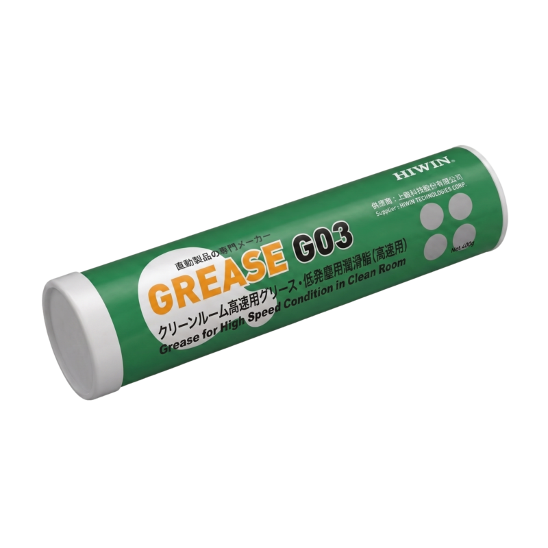 A green and white tube labeled GREASE G03 and HIWIN, intended for high-speed and clean room use, with text in English and Japanese.