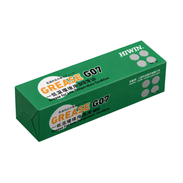 Green rectangular box labeled HIWIN and GREASE G07 with Japanese text, indicating it is grease for low temperature conditions. The box has white circles and product information on its sides.