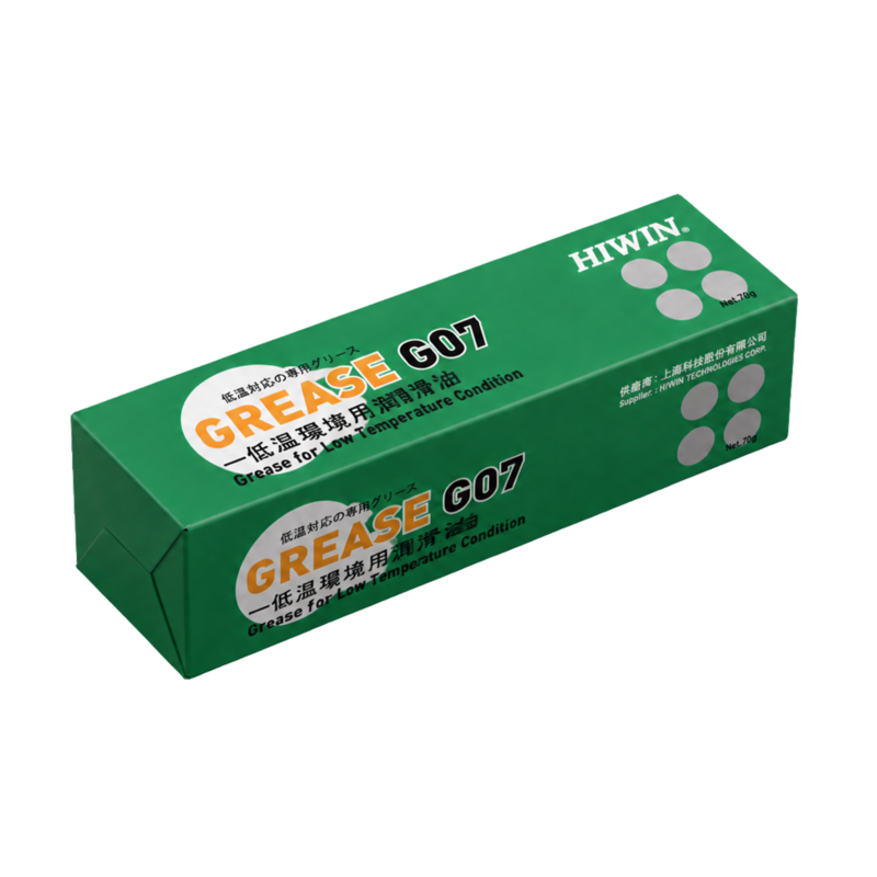 Green rectangular box labeled HIWIN and GREASE G07 with Japanese text, indicating it is grease for low temperature conditions. The box has white circles and product information on its sides.