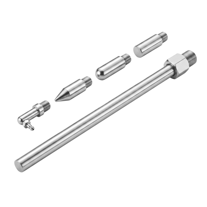 Five stainless steel metal parts, including a long cylindrical rod with a threaded end and four interchangeable screw-on tips with various shapes, displayed on a white background.