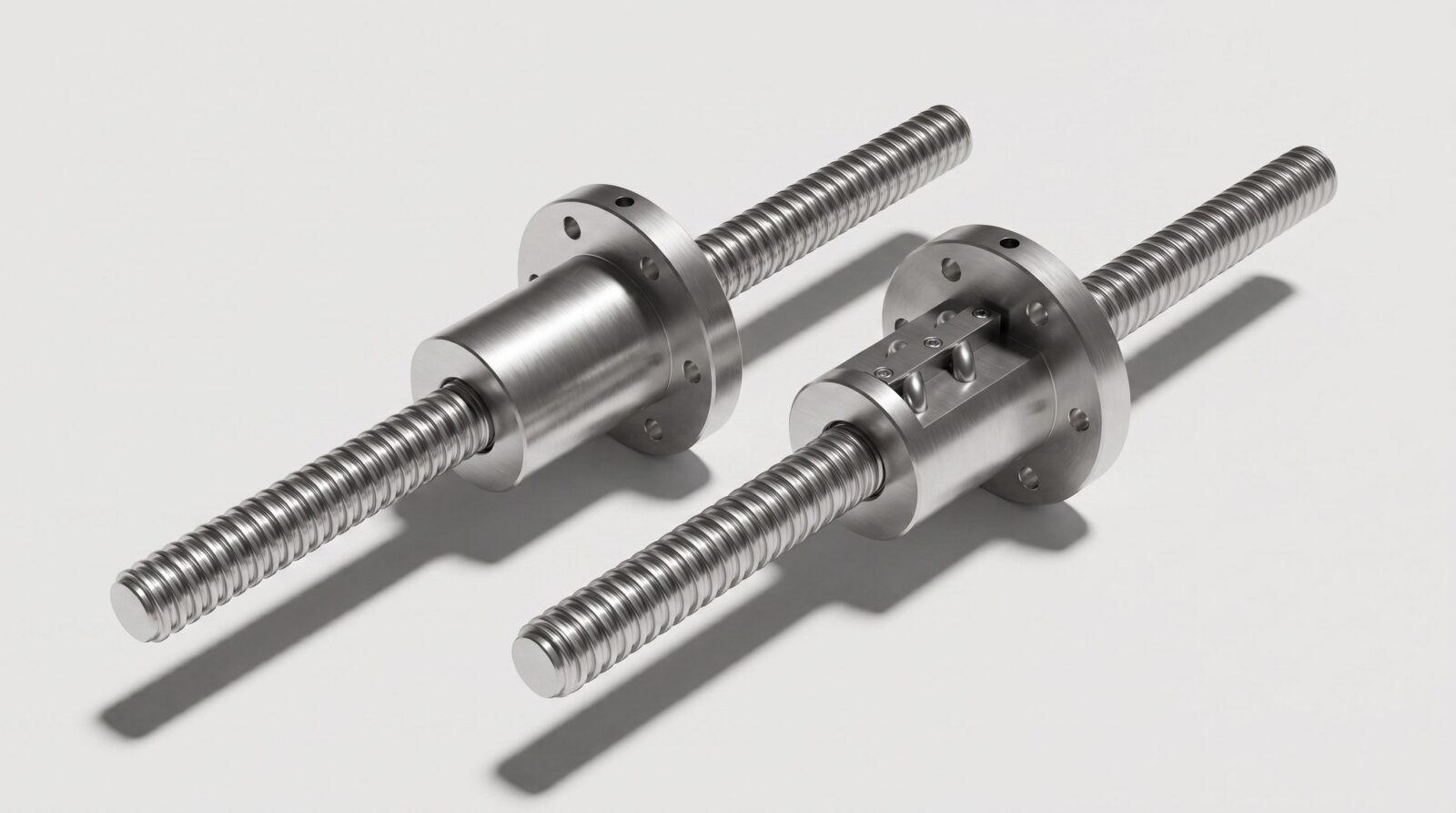 Two metal ball screws with threaded shafts and flanged cylindrical housings are placed side by side on a light gray background, displayed to show their detailed structure and design.