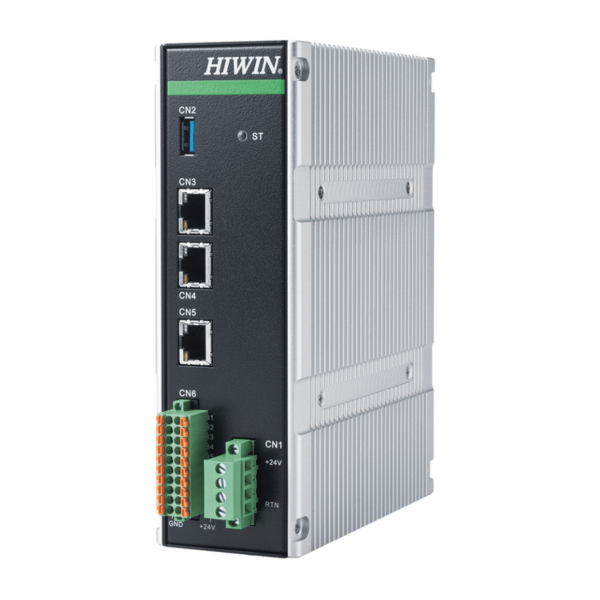 A silver HIWIN industrial controller unit with multiple ports, green terminal blocks, and indicator lights, used for automation and motor control applications.