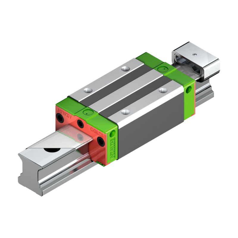 A linear guide rail with a sliding block, featuring metal and plastic components, used for precise linear motion in machinery and automation systems.