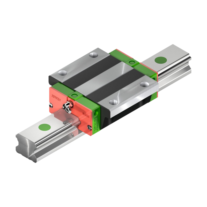 A linear rail guide with a metal carriage and rail, mainly silver, black, green, and red, used for precise motion in machinery or 3D printers, isolated on a white background.