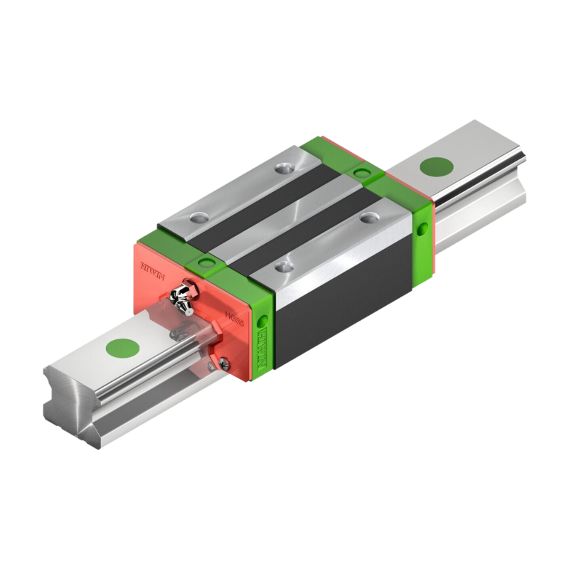 A linear rail and carriage assembly with silver metal components, green and red end caps, and a black central section used for precise linear motion in machinery.