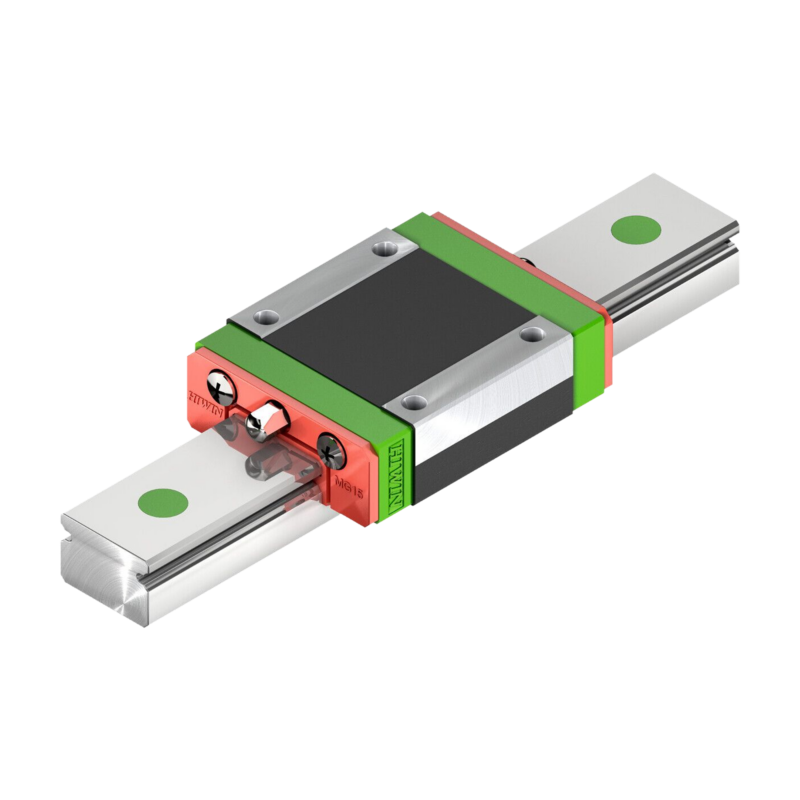 A metal linear rail and block slider, commonly used in CNC machines and 3D printers for precise linear motion, with green and red colored end caps and two visible green circular markers.