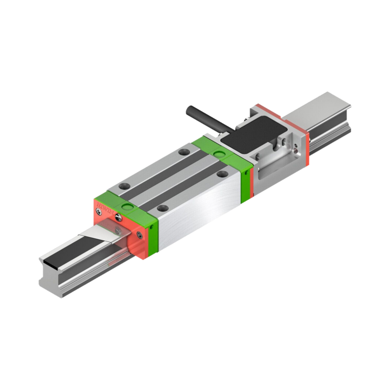 A metal linear guide rail with a sliding block and handle. The rail has green and red end caps and allows smooth, precise movement for machinery or industrial equipment.