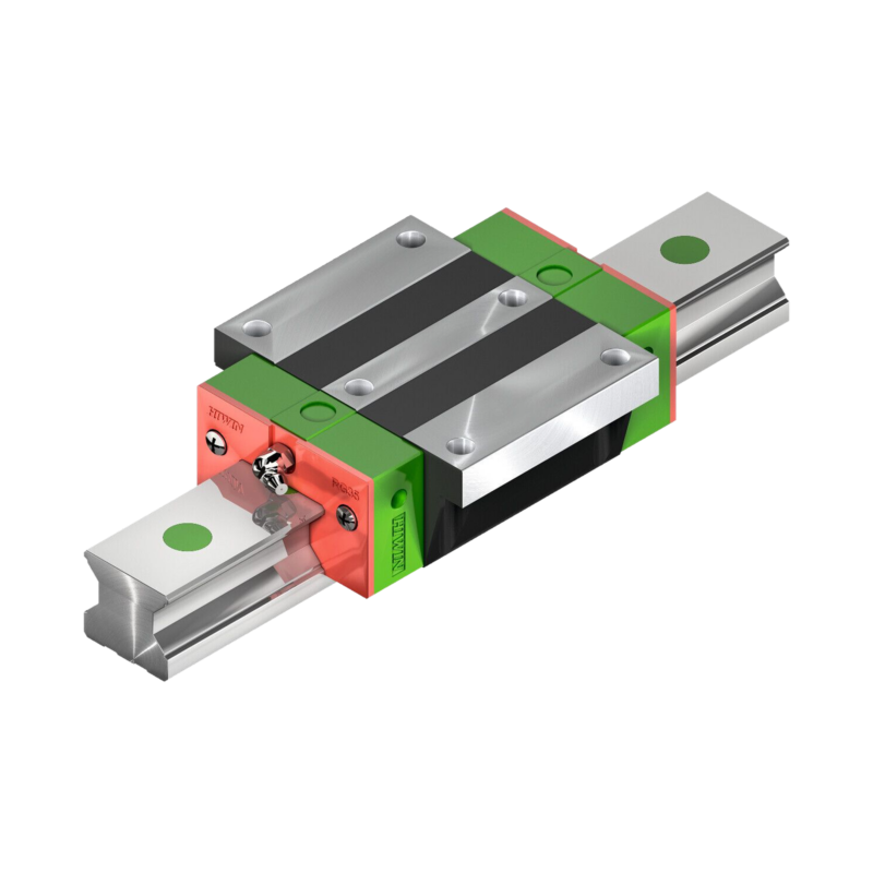 A metal linear rail guide block with green, red, and silver components, mounted on a matching rail, used for precise linear motion in machinery and robotics.