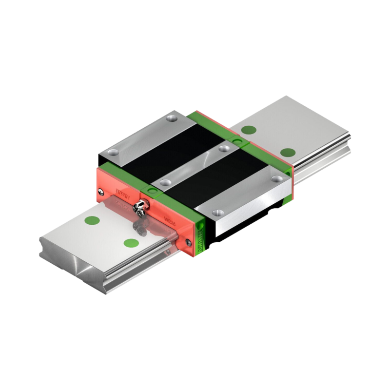 A metallic linear motion guide rail with a sliding block, featuring green, red, black, and silver components, designed for precise mechanical movement on machines.