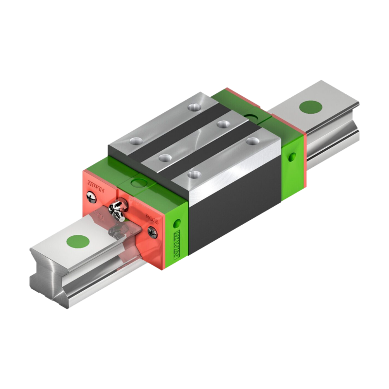 A metal linear guide rail and block assembly, with visible mounting holes and colored sections in green, red, and black, designed for precision linear motion in machinery.