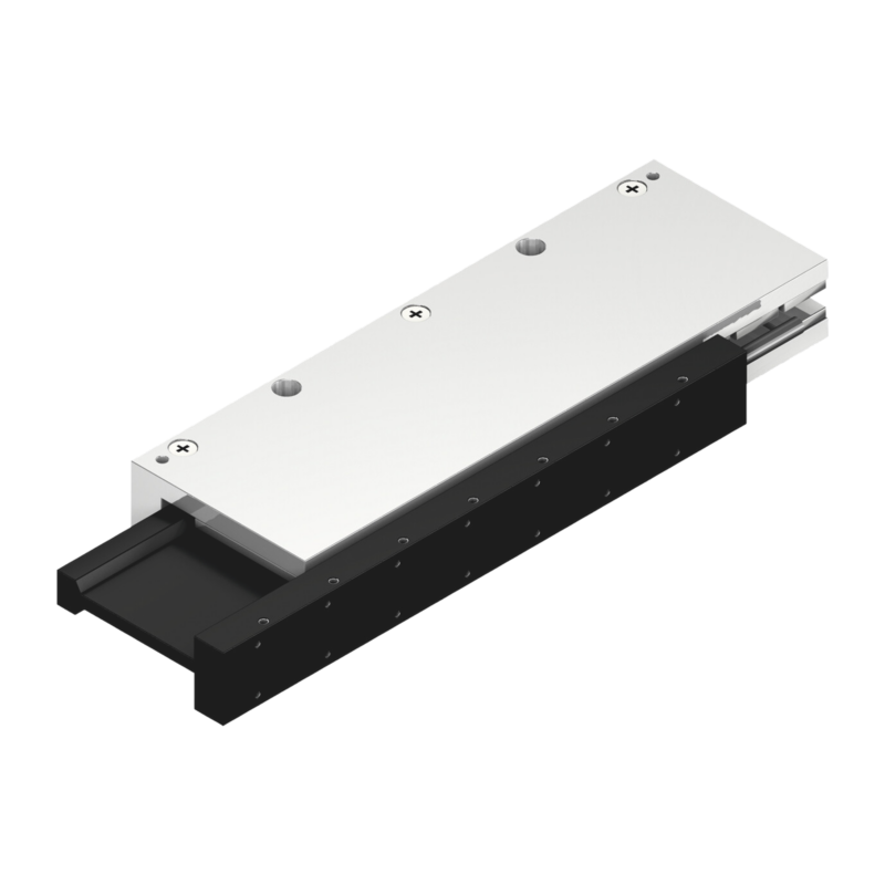 A 3D rendering of a linear actuator with a black base and a white rectangular sliding carriage, shown extended on a rail, used for precise linear motion in automation systems.