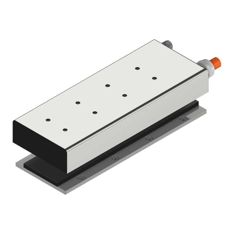 A rectangular metallic linear actuator with a white top, black front, and visible holes, mounted on a gray base, featuring an orange connector on one end.
