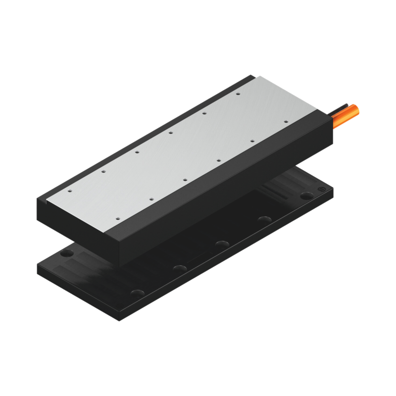 A rectangular linear motor with a silver top plate, black base, and orange cable, shown isolated on a white background.