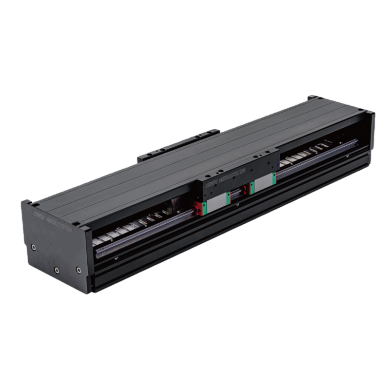 A black linear actuator with a rectangular aluminum housing and visible guide rails. The actuator appears to be designed for precise industrial automation or robotics applications.