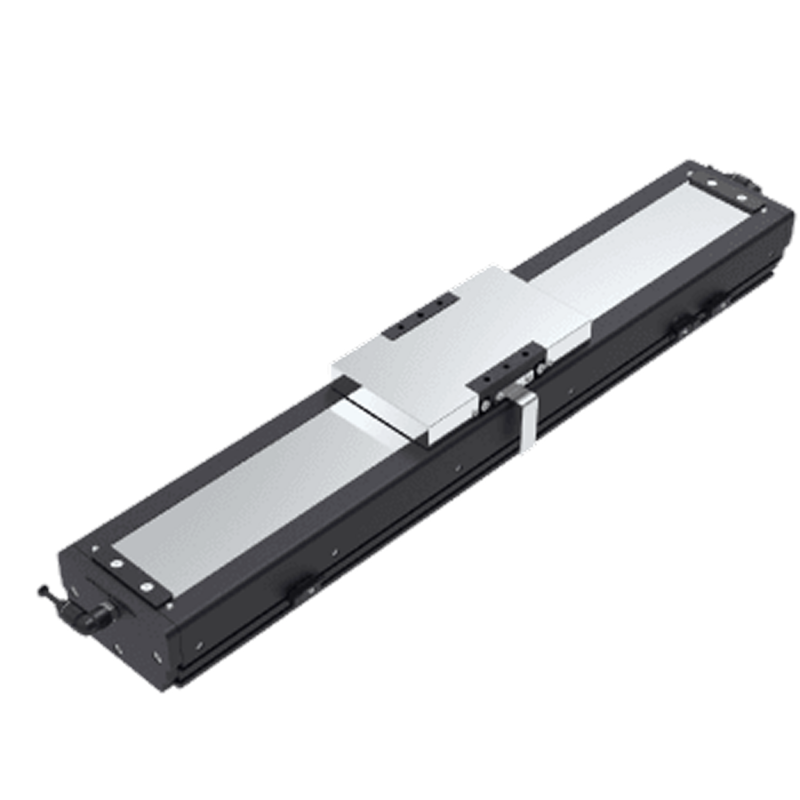 A rectangular linear actuator with a black base and silver moving platform, designed for precise linear motion in industrial or automation applications.