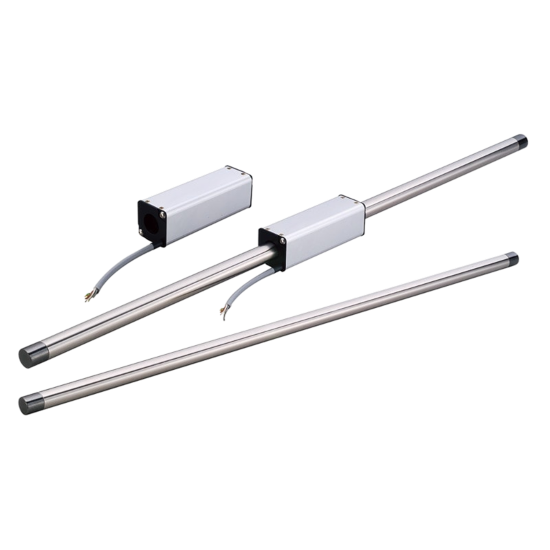 Three linear displacement transducers with metal rods and rectangular white housings, each attached to a grey cable, are shown on a plain white background.