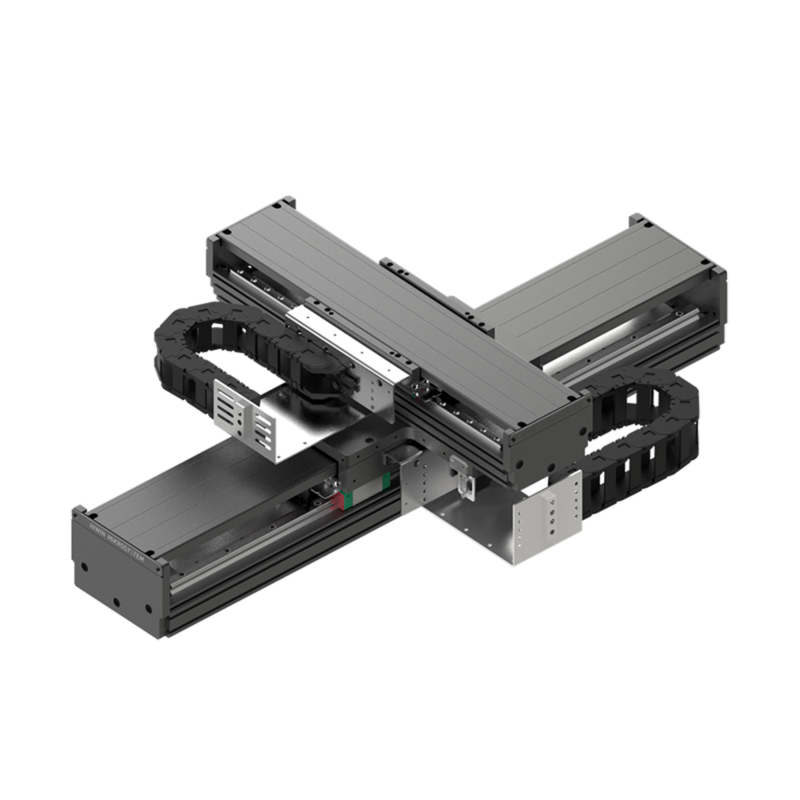 A black and silver industrial linear actuator system with two intersecting tracks and cable carriers, designed for automated machine movement and positioning tasks. The background is plain and white.
