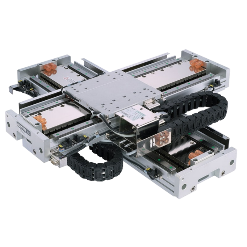A precision linear motion stage with crossed rails, metal plates, cable chains, and motors, designed for automated positioning in industrial or laboratory applications.
