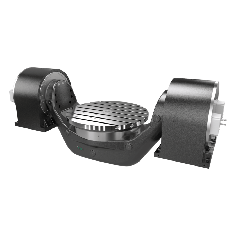 A black and silver industrial rotary table with a circular platform in the center and two large box-like supports on each side, used for precision positioning in machining or automation.