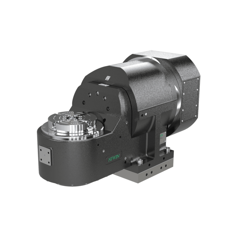 A black industrial rotary table with a shiny metal plate and mounting base, designed for precision positioning in CNC machines.