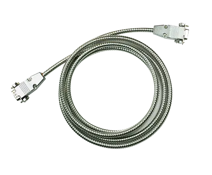 A coiled, silver, metal-braided cable with connectors on both ends, set against a plain white background.
