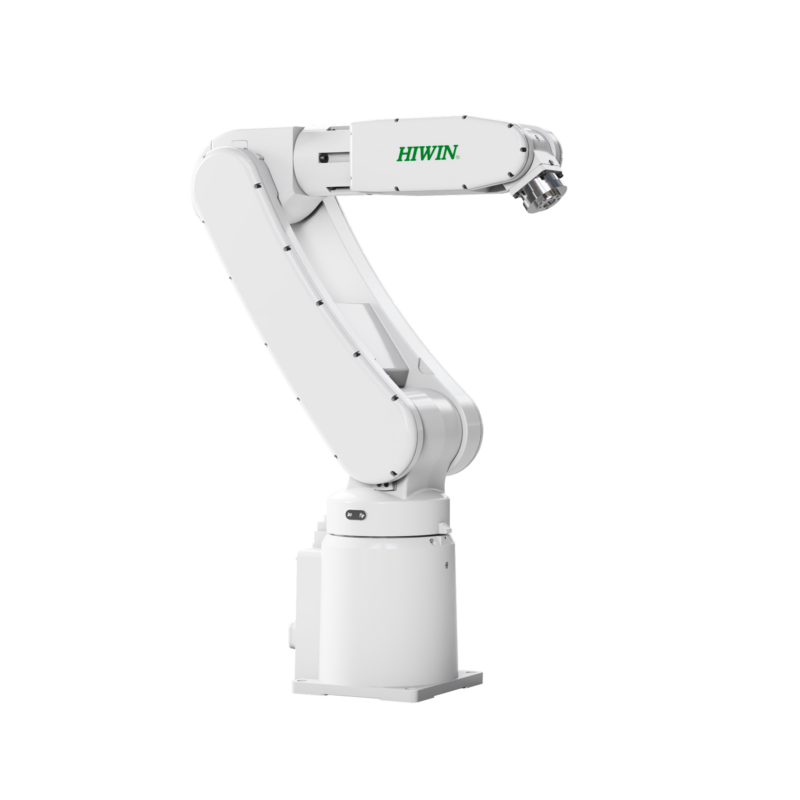 A white industrial robotic arm with HIWIN written in green on its upper section, featuring multiple joints and a mechanical gripper, against a plain white background.