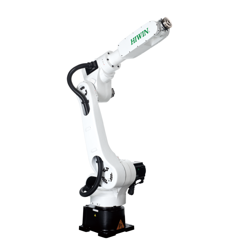A white industrial robotic arm with black cables and a HIWIN logo on the upper segment, mounted on a black base, positioned against a plain white background.