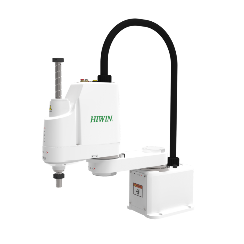 A white HIWIN industrial robot arm with a black cable, mounted on a white rectangular base, against a plain light background.