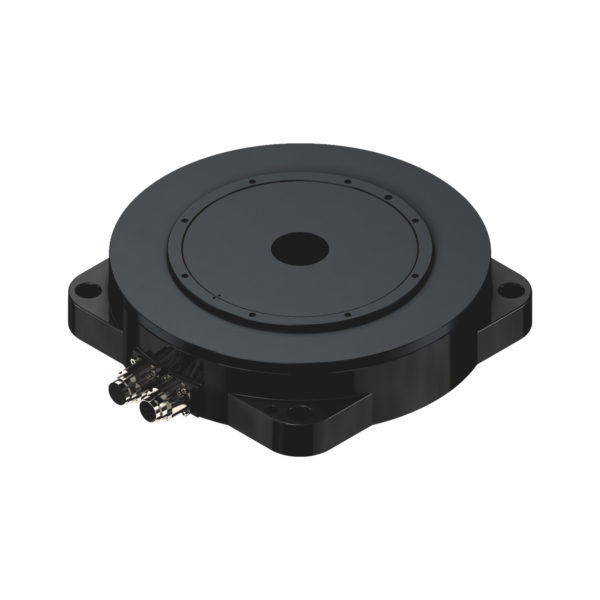 A black, circular industrial rotary actuator with a central hole and two metal connectors, mounted on a flat base with two side flanges and a smooth, matte finish.