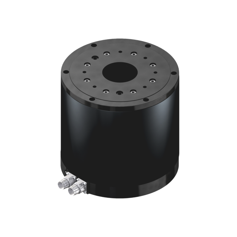 A black cylindrical industrial component with a flat, circular top featuring multiple holes and two metal connectors at the base. The object is set against a plain white background.