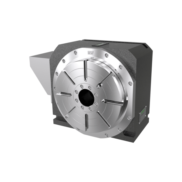 A metal rotary table with a circular, grooved faceplate, mounted on a dark rectangular base, likely used for precision machining or CNC applications, against a plain white background.