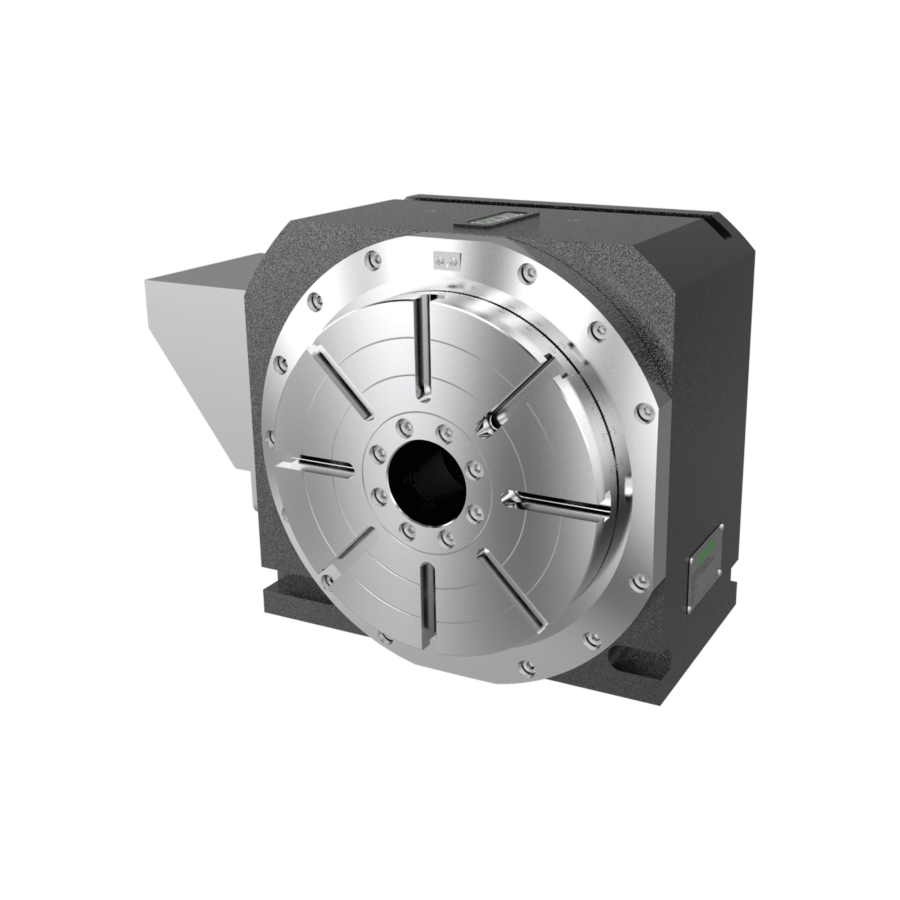 A metal rotary table with a circular, grooved faceplate, mounted on a dark rectangular base, likely used for precision machining or CNC applications, against a plain white background.