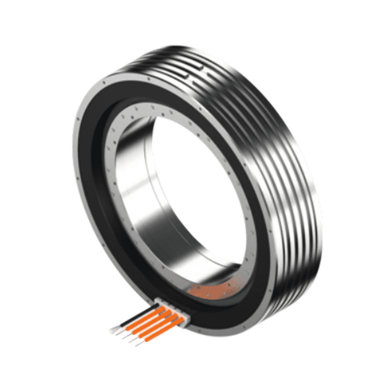 A metallic, circular motor with grooves on the outer surface and several orange electrical wires extending from one side, set against a plain white background.