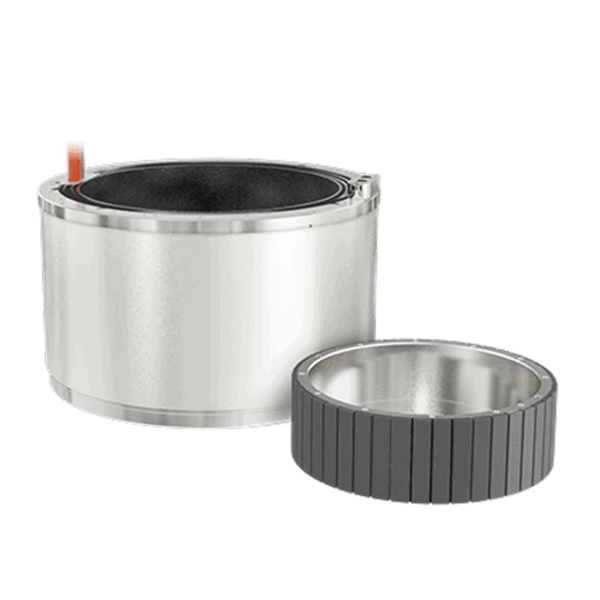 A cylindrical metal component with smooth sides is shown next to a separate, smaller ring with dark, grooved segments. Both are set against a white background.